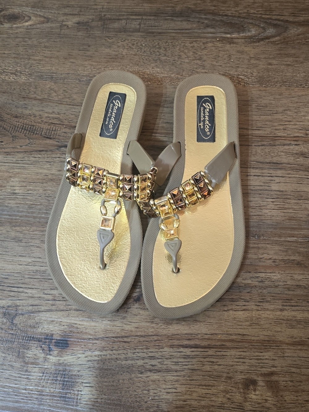 Jeweled Gold and Taupe Women's Thong Sandals